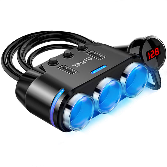 YANTU 3 Sockets Cigarette Lighter Splitter Car Adapter with LED Voltage Display 12V/24V Splitter Dual USB Car Charger Adapter with On Off Switch, Black, Tablets