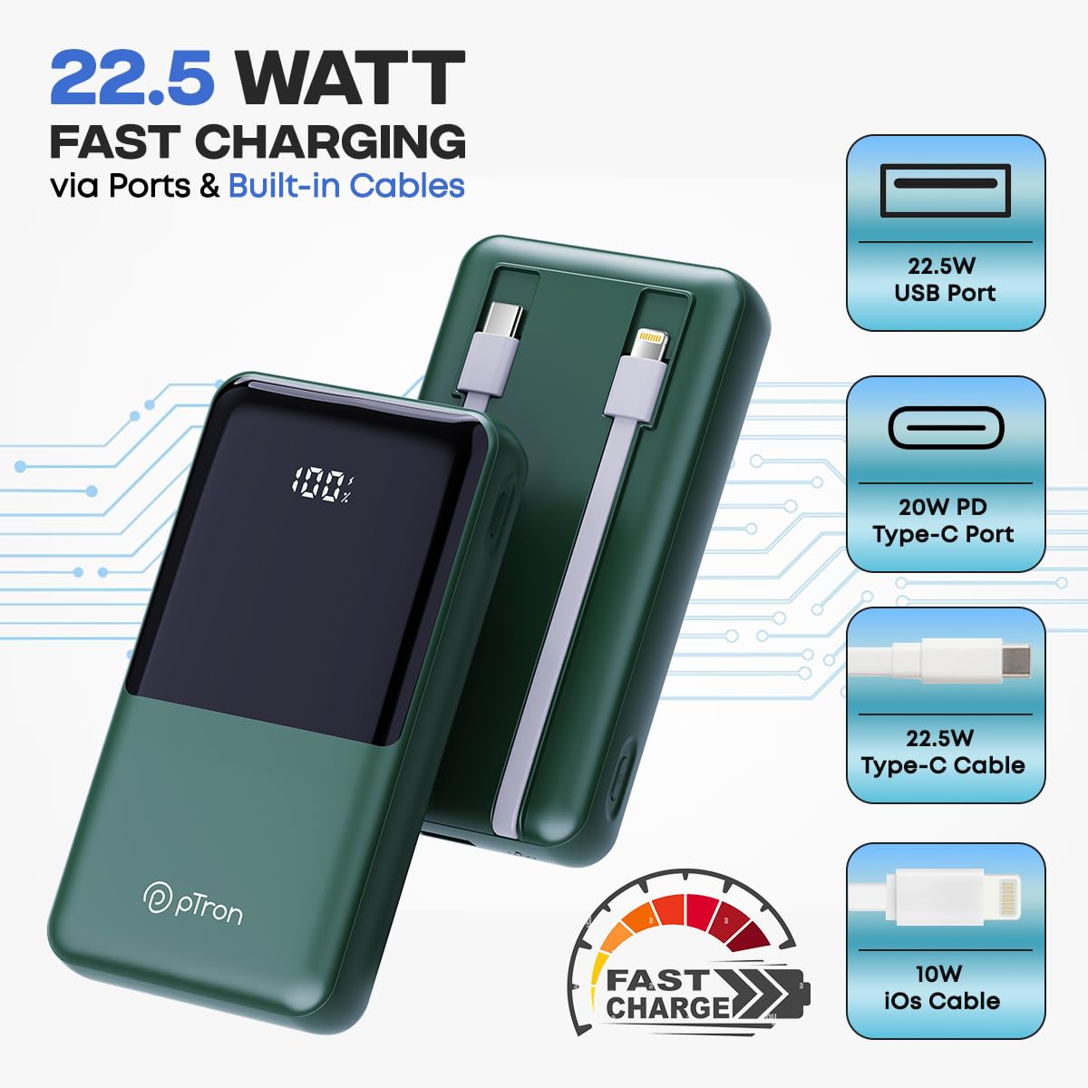 pTron Dynamo Power 20000mAh 22.5W Super Fast Charging Power Bank with Quick Charge & 20W Power Delivery, Built-in Charging Cables, 4 Outputs, Type-C Input/Output Port & LED Battery Display (Green)