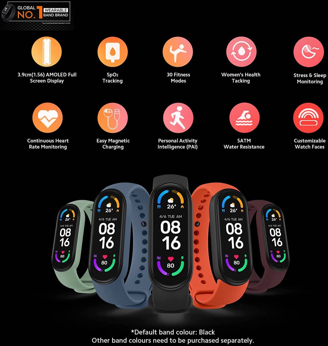 Xiaomi Mi Smart Band 6 - 1.56'' (3.96 cm) Large AMOLED Color Display, 2 Week Battery Life, 30 Fitness Mode, 5 ATM, SpO2, HR, Sleep Monitoring, Women's Health Tracking, Alarm, Music Control (Black)