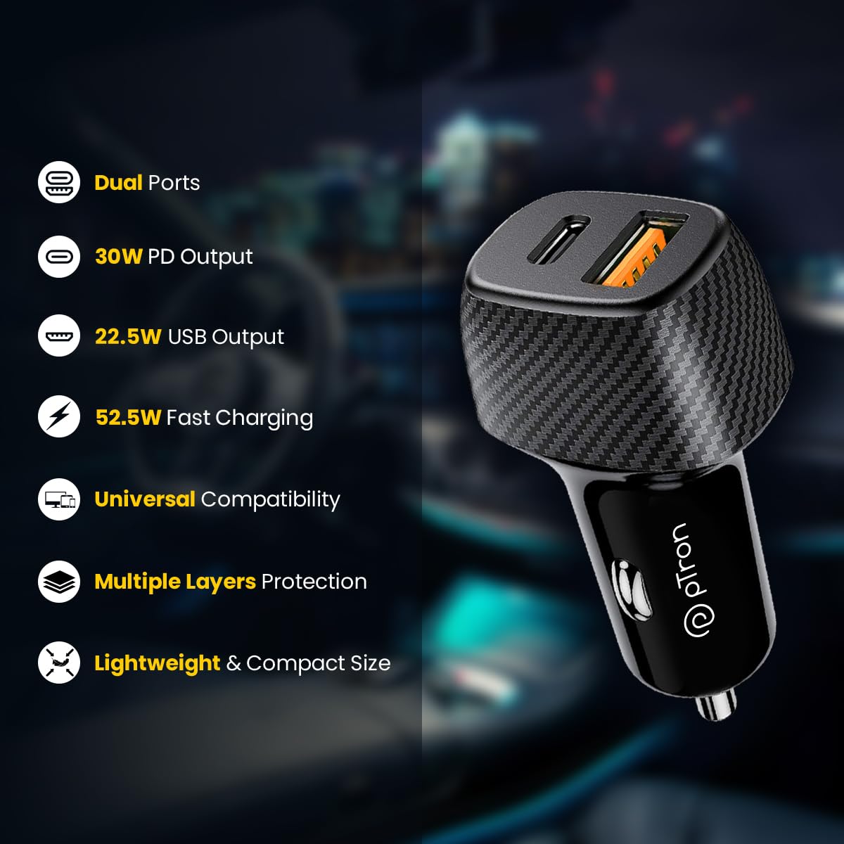 pTron Bullet Zip Mini 52.5W Car Charger with Dual Output, Super Fast Charging Compatible with Samsung, Xiaomi, Apple, MacBook, iPad, Oppo, Vivo, OnePlus, 30W Type-C/PD & 22.5W USB QC 3.0A (Black)