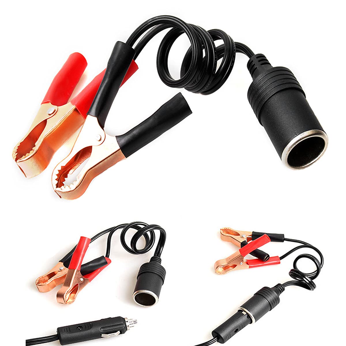 Verilux® 1FT 12V 24V Female Car Cigarette Lighter Socket to Battery Alligator Crocodile Clips Connector, Car Battery Clamp-on Extension Charge Cable