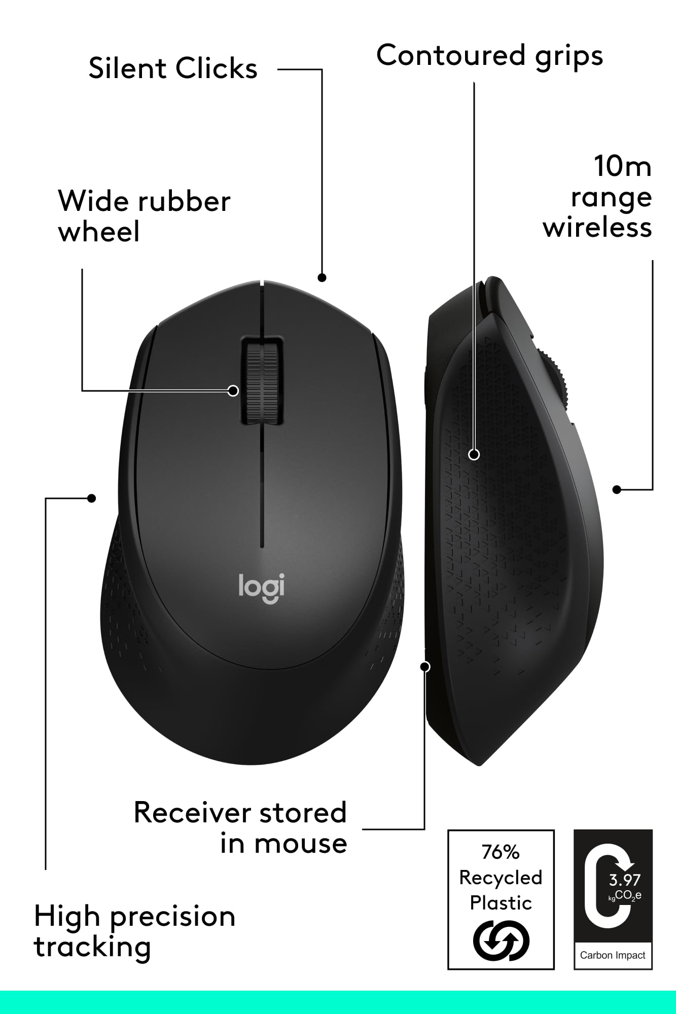 Logitech M331 Silent Plus Wireless Mouse, 2.4GHz with USB Nano Receiver, 1000 DPI Optical Tracking, 3 Buttons, 24 Month Life Battery, PC/Mac/Laptop - Black