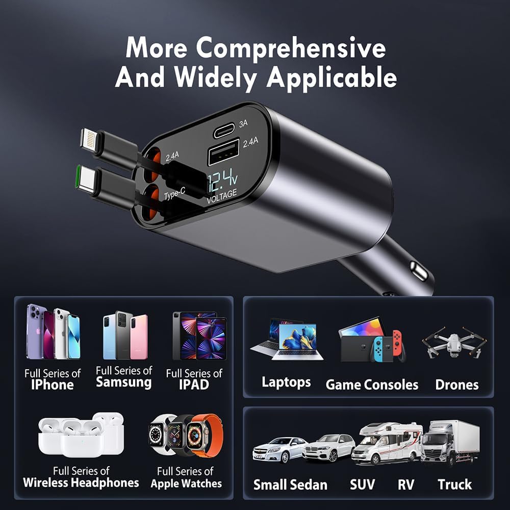 Weldots Retractable Car Charger, 100W 4 in 1 Super Fast Charge Car Phone Charger, Retractable Cables (31.5 Inch) and 2 USB Ports Car Adapter for iPhone 15/14/13/12 Pro Max Xr, Ipad, Pixel, Silver