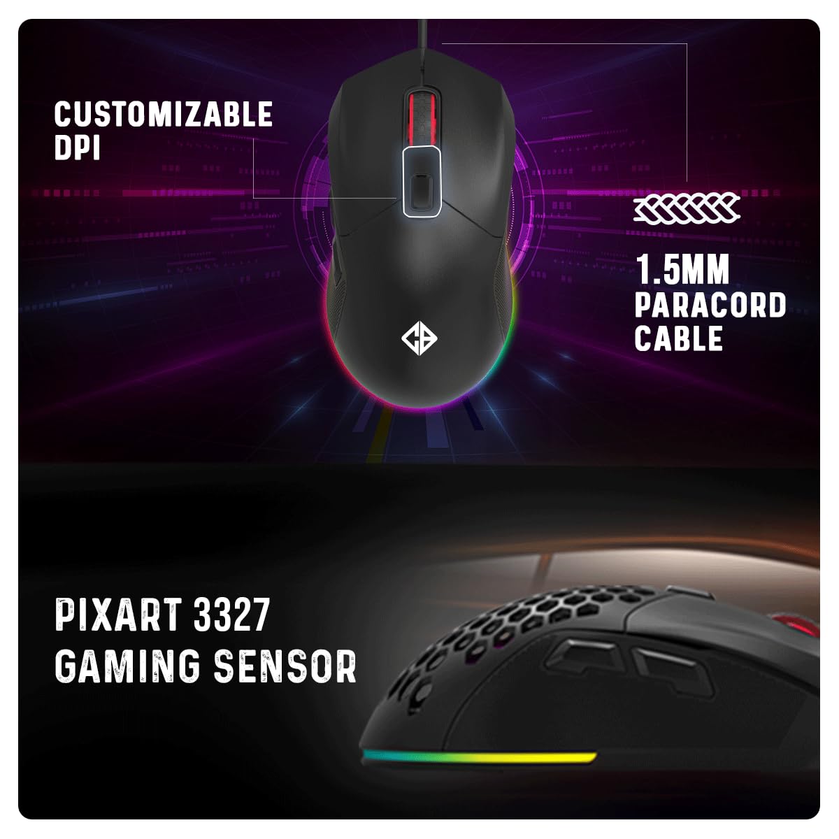 Cosmic Byte Firestorm RGB Wired Gaming Mouse, 67 Grams, 12400DPI, 1000Hz Polling, Pixart 3327 Sensor, 10M Switches, Paracord Cable, Software Support Upgraded PTFE Feet (Black)