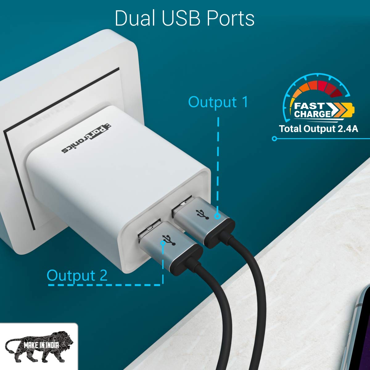 Portronics Adapto 66 2.4A 12w Dual USB Port 5V/2.4A Wall Charger,Comes with 1M Micro USB Cable, USB Wall Charger Adapter for iPhone 11/Xs/XS Max/XR/X/8/7/6/Plus, iPad Pro/Air 2/Mini 3/Mini 4, Samsung S4/S5, and More(White)