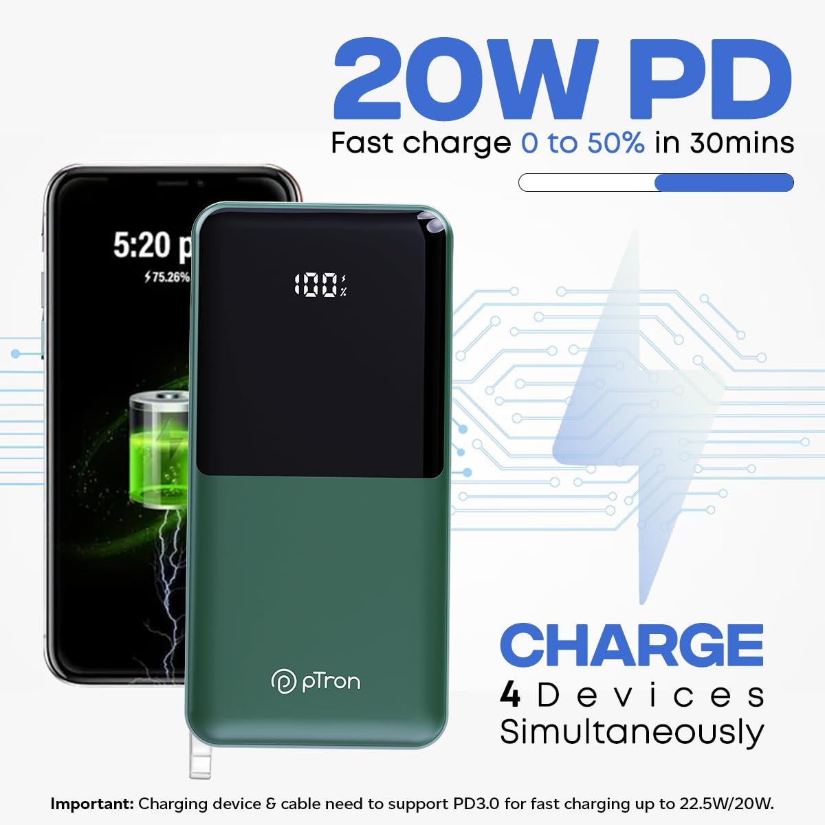 pTron Dynamo Power 20000mAh 22.5W Super Fast Charging Power Bank with Quick Charge & 20W Power Delivery, Built-in Charging Cables, 4 Outputs, Type-C Input/Output Port & LED Battery Display (Green)