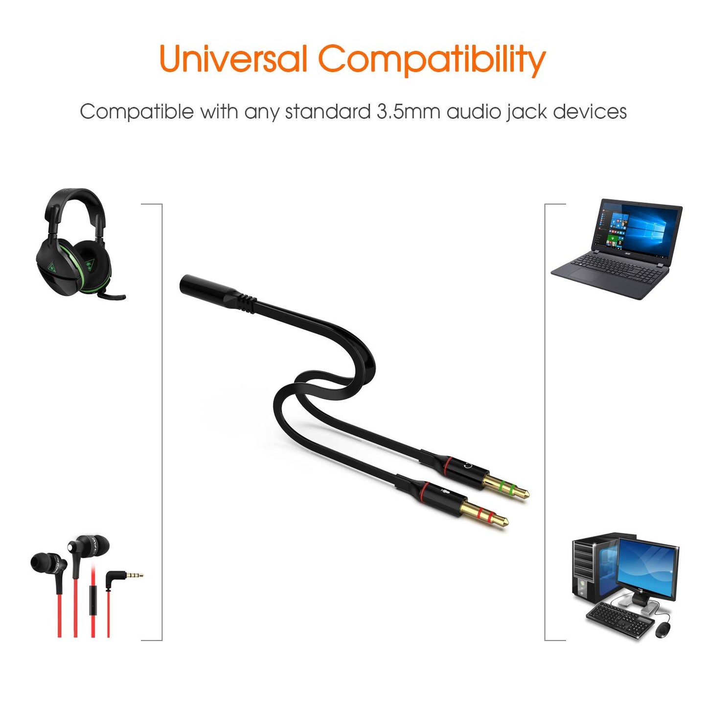 Sounce Auxiliary Gold Plated 3.5 mm Headphone 2 Male to 1 Female 3.5mm Headphone Mic Audio Cable Smartphone Headset to PC Adapter Y Splitter for Computer (Black, 20cm)