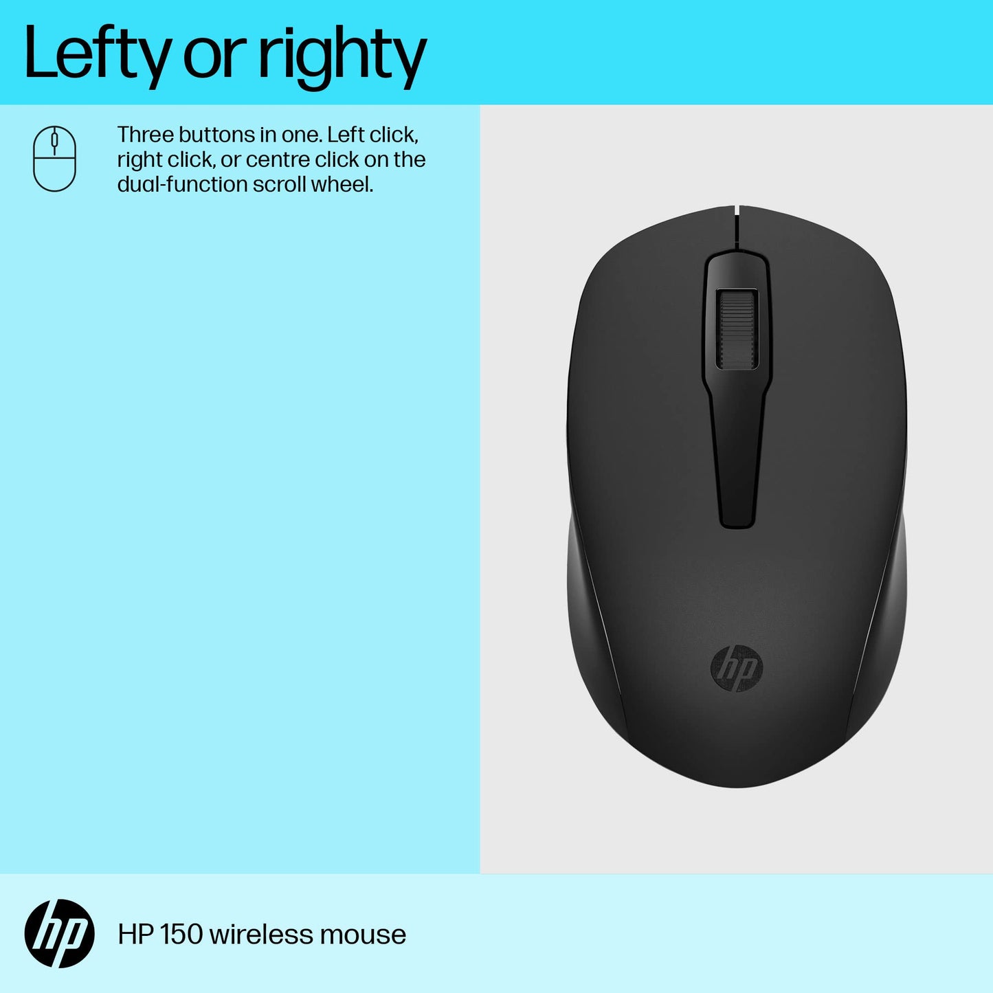 HP 150 Wireless Mouse,1600 DPI, 10 m Range, 2.4 GHz USB dongle for Instant connectivity, Ambidextrous, Ergonomic Design, Rubber Grip for All Day Comfort, 12 Month Battery, 3 Years Warranty