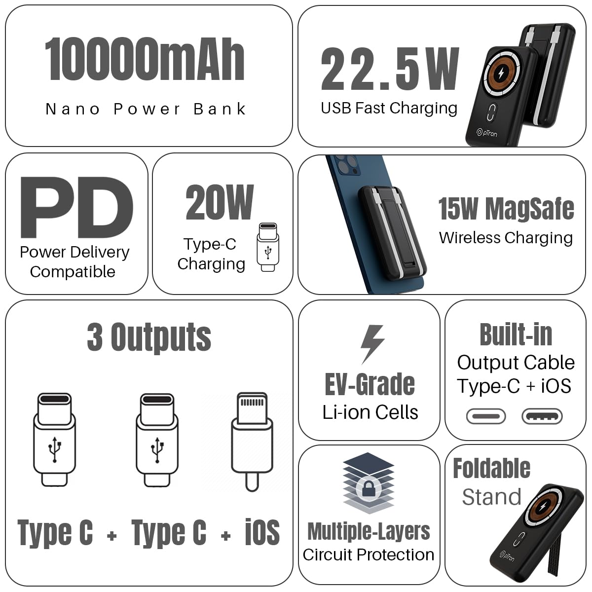 pTron Dynamo Quanta 10000mAh 22.5W Nano Power Bank, 15W Magnetic Wireless Charging, Compact Size Fast Charging, 20W PD Fast Charging, Built-in Cables, 3 Output Ports & BIS Certified (Black)