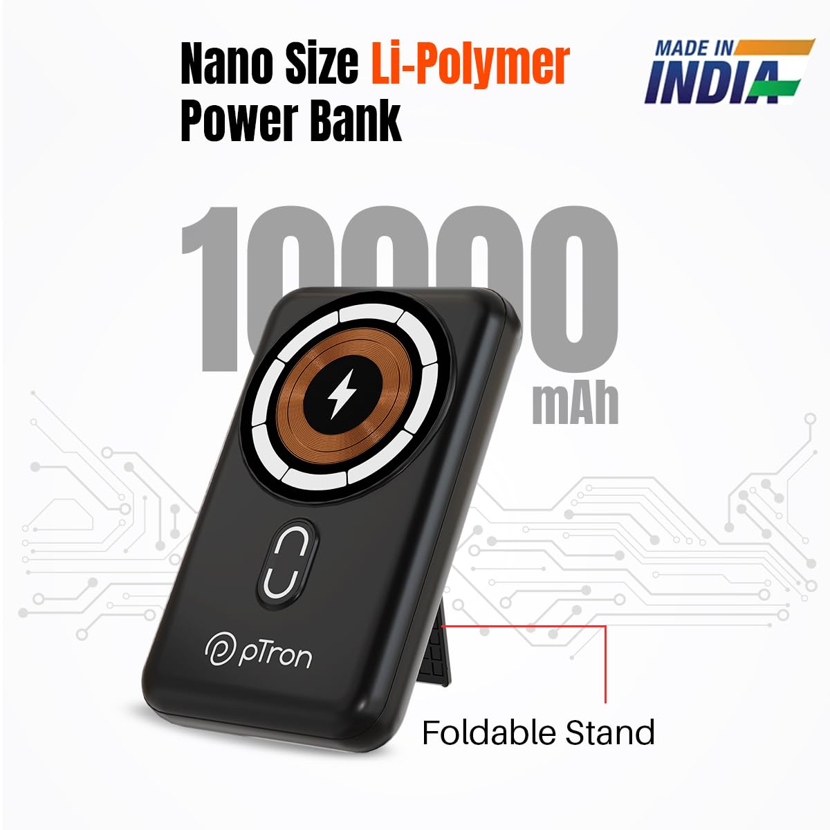 pTron Dynamo Quanta 10000mAh 22.5W Nano Power Bank, 15W Magnetic Wireless Charging, Compact Size Fast Charging, 20W PD Fast Charging, Built-in Cables, 3 Output Ports & BIS Certified (Black)