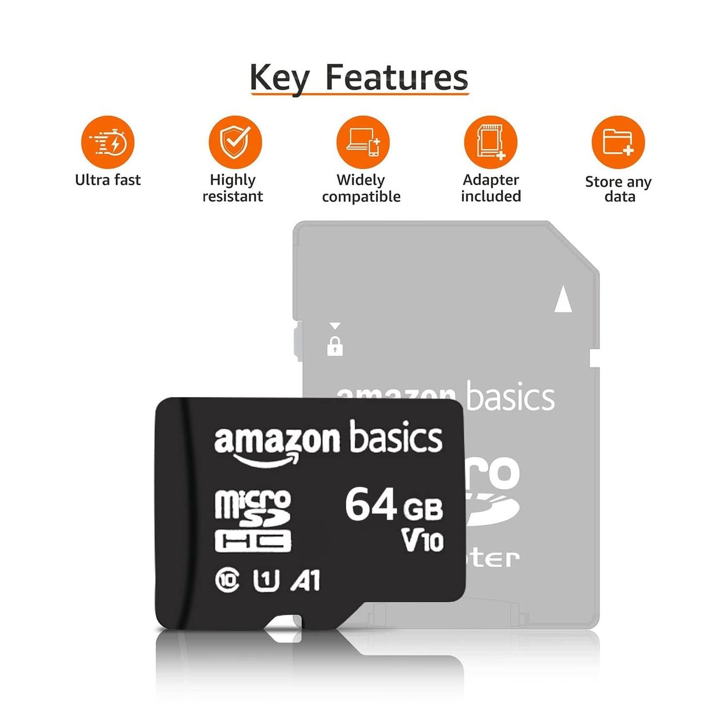 Amazon Basics 64 GB Micro SD Card with Adapter | Upto 120 MB/s | Class 10 | U1, C10, V10 Speed Classes