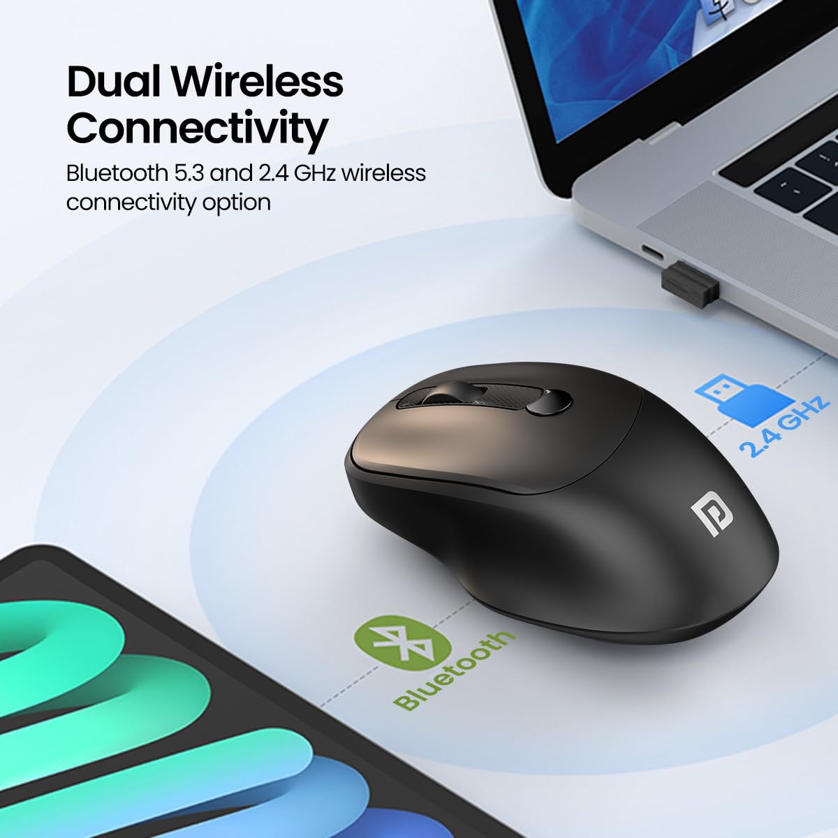 Portronics Toad 7 Wireless Mouse, Bluetooth 5.3V & 2.4 GHz Wireless, Adjust Sensitivity Upto 3200 DPI, Rechargeable Built in Battery(Black)