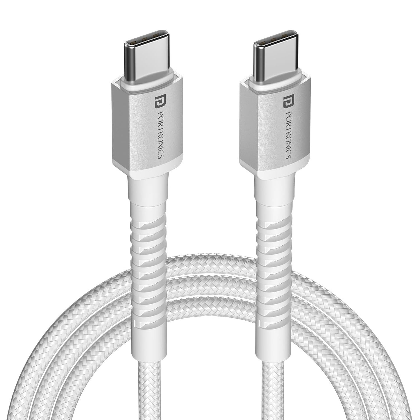 Portronics Konnect X 60W Type C to Type C Unbreakable Nylon Braided Cable, 1M Fast Charging Cable for iPhone 15 series, iPad, Samsung Galaxy & other Type C Devices(White)