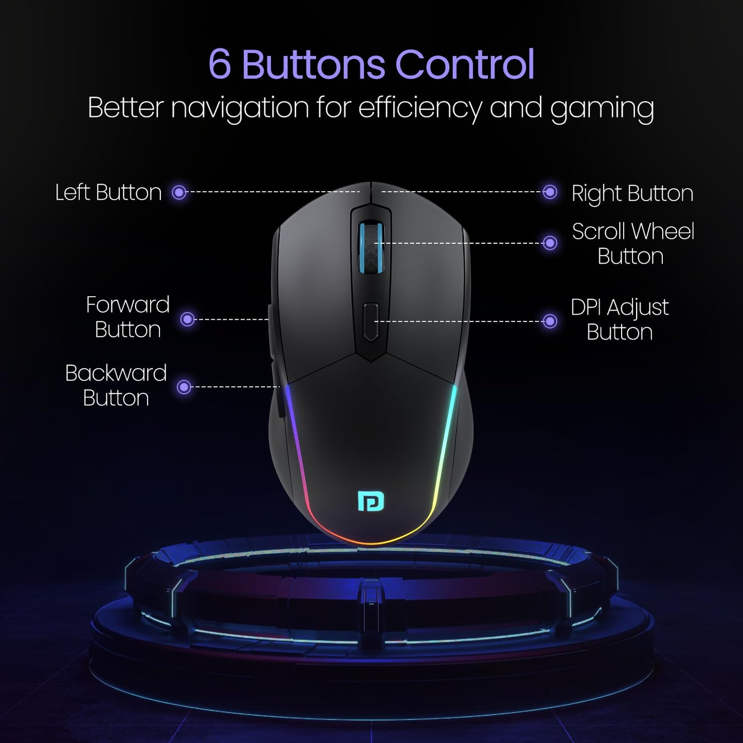 Portronics Toad One Bluetooth Mouse with 2.4 GHz & BT 5.3 Dual Wireless, 6 Buttons, Rechargeable, RGB Lights, Connect 3 Devices, Ergonomic Design for Laptop, Smartphone, Tablet (Black)