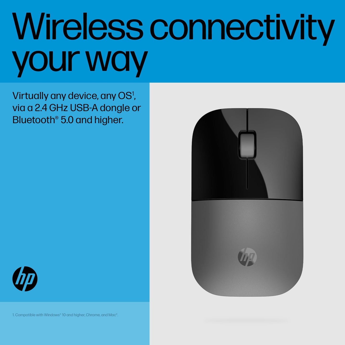 HP Z3700 Dual Silver Mouse/2.4 GHz Wireless connection/1600 dpi/3 Buttons/Silent clicks; Multi-Device; Cross Operating Systems/3 Years Warranty