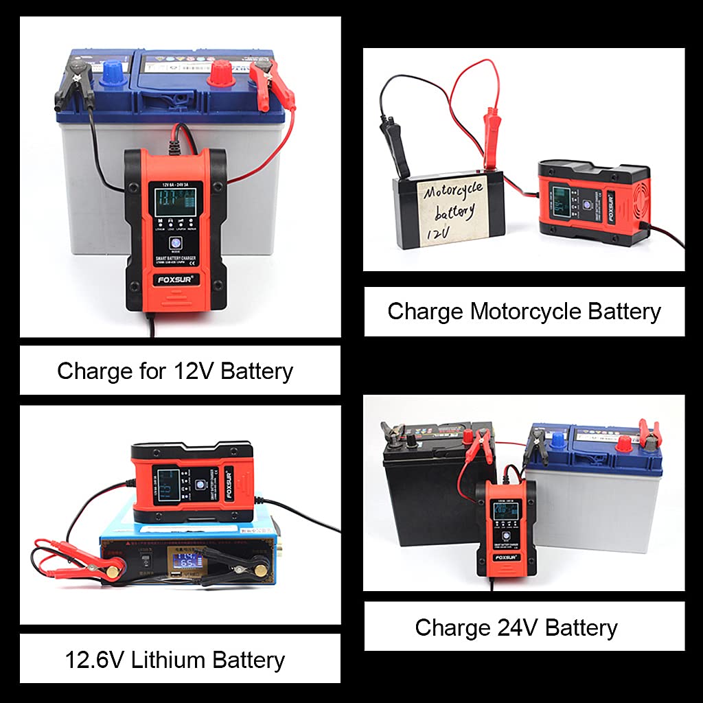 Verilux® Car Battery Charger, 6A 12V / 3A 24V Intelligent Automatic Charger, 7-Segment Charging 12V/24V Battery Charger, Repair, Test, Suitable for Automotive, Motorcycles