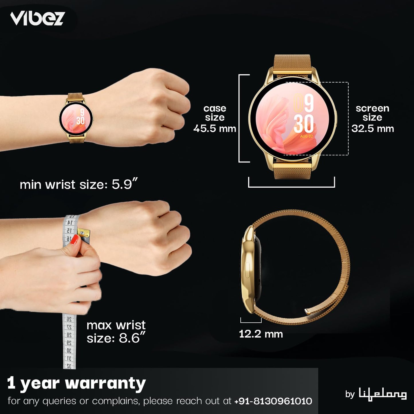 Vibez by Lifelong Premium Luxury Smartwatch for Women with Metal Strap & HD Display, BT Calling, Multiple Watch Faces, Health Tracker, Sports Modes & Free Silicone Strap Smart Watch (Emerald, Gold)