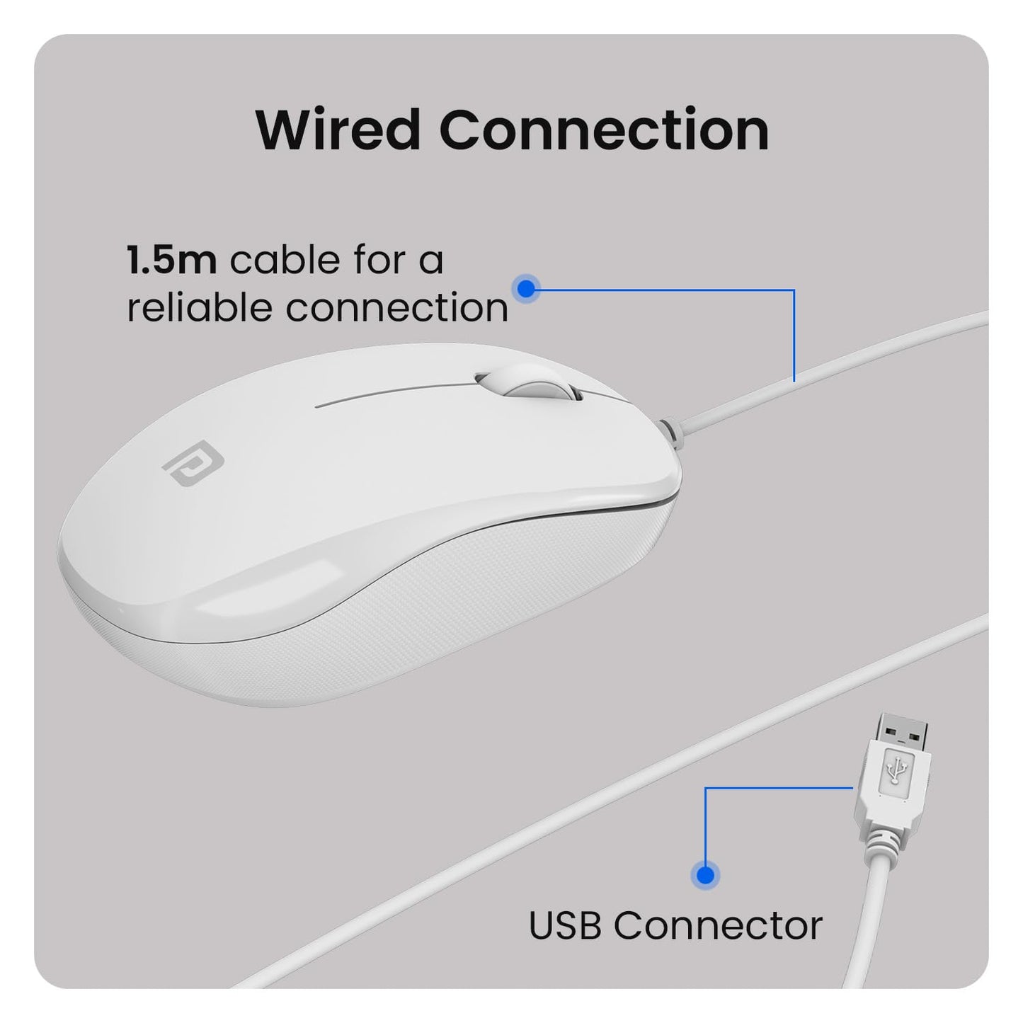 Portronics Toad 102 Wired Mouse with 3 Buttons, Clickable Scroll Wheel, High-Precision 1200 DPI Optical Sensor, 1.5m Long Cable, Ergonomic Ambidextrous Design for PC & Laptop(White)