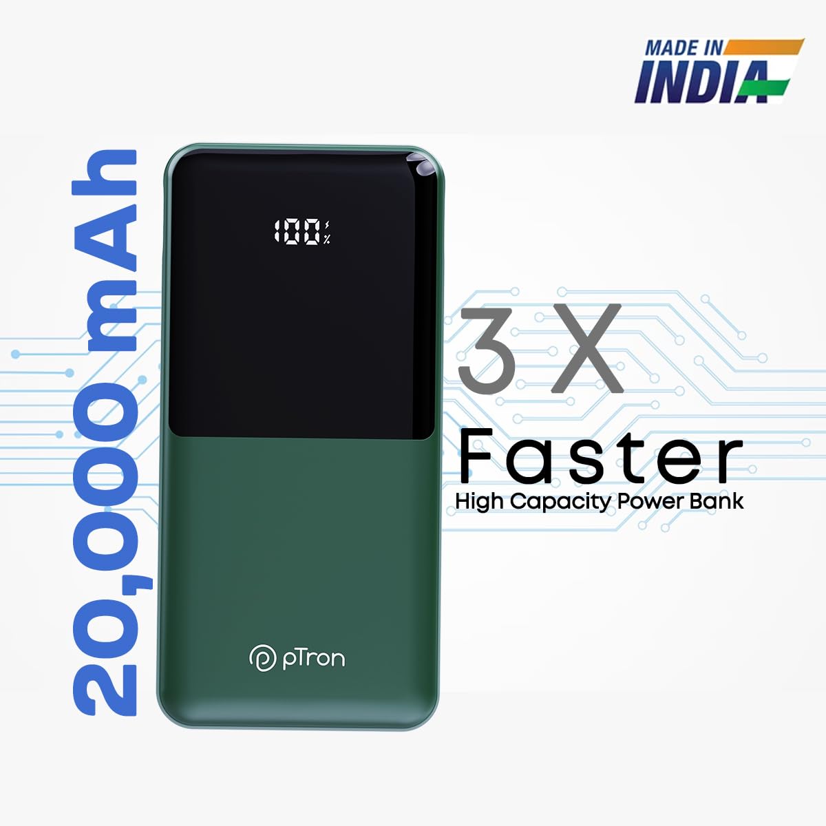 pTron Dynamo Power 20000mAh 22.5W Super Fast Charging Power Bank with Quick Charge & 20W Power Delivery, Built-in Charging Cables, 4 Outputs, Type-C Input/Output Port & LED Battery Display (Green)