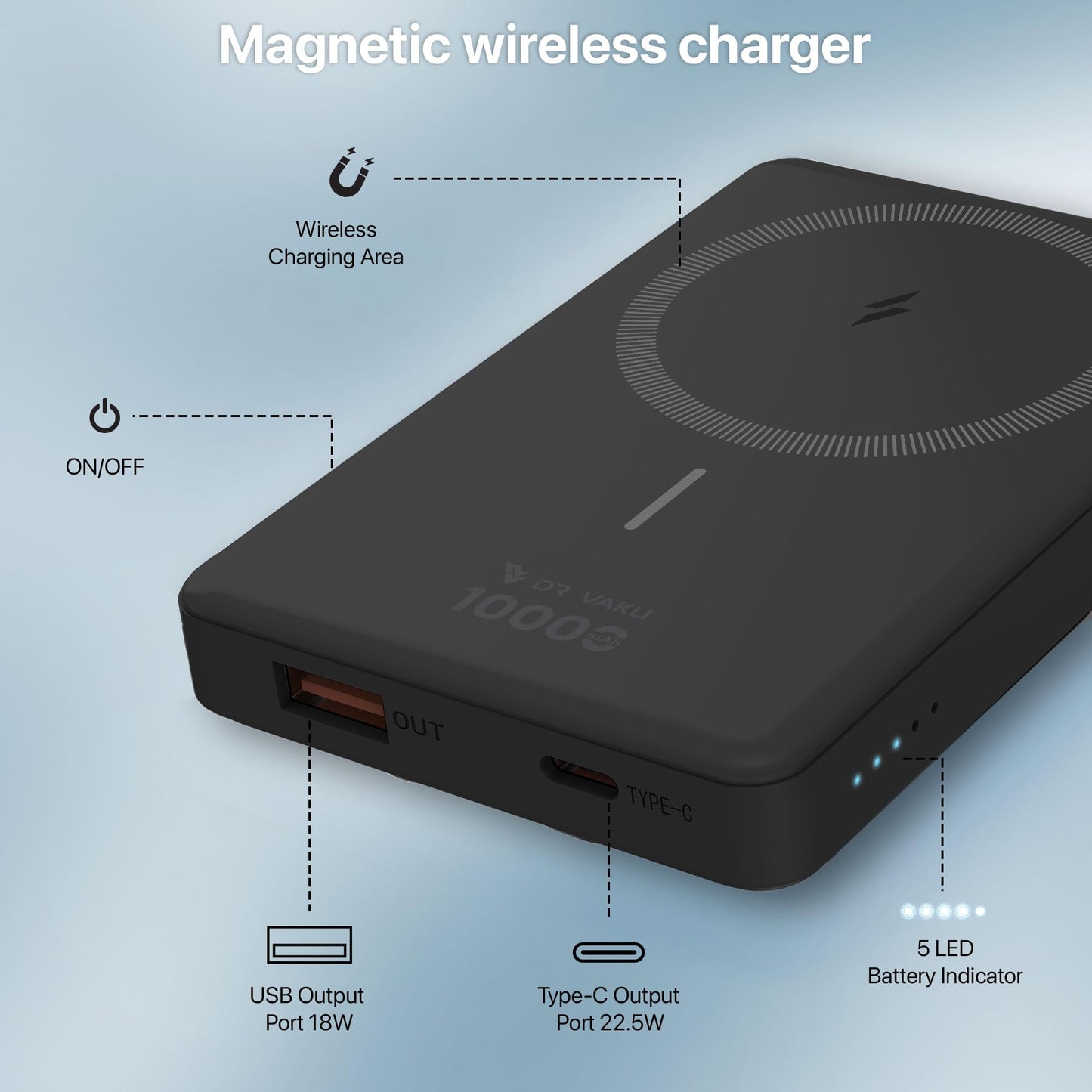 10000mAh Magnetic Wireless Power Bank Cylix Magpro for iPhone 16/15/14/13/12 Series Type C Fast Charging Lithium Polymer Battery (Input & Output) 15w Wireless & Mag-Safe - Black