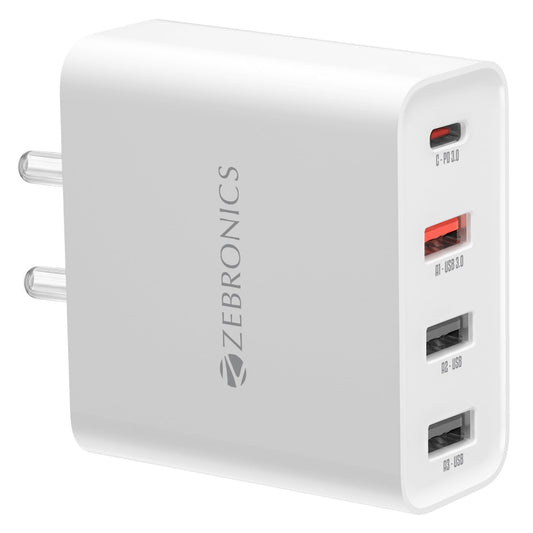 Zebronics Rc45A 4 Port Charger, 45W Max, Smart Ic, Type C Pd 3.0, 3X USB, for iPhone | Android Smartphones | Tablets, Rapid Charge, Wide Voltage Support, Built in Protections, Black