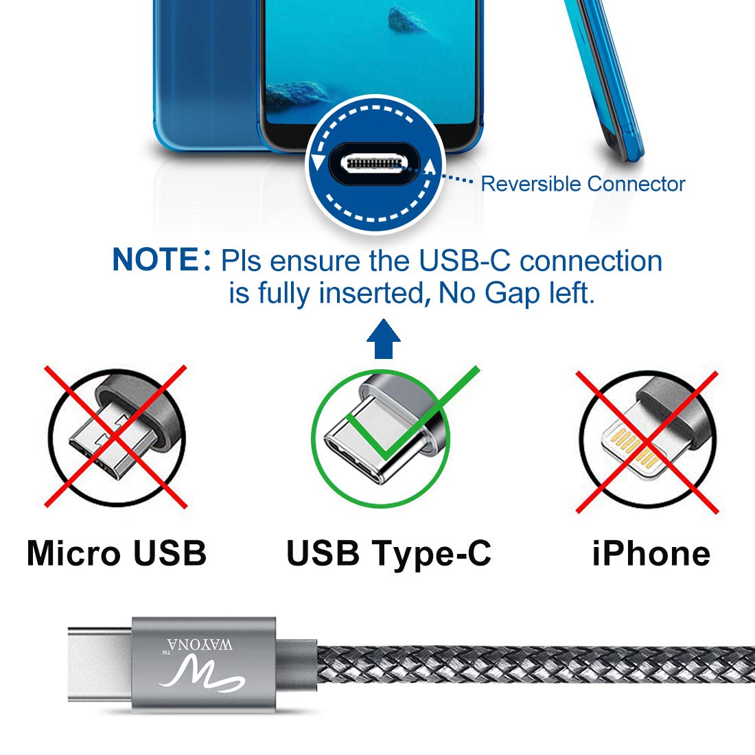 Wayona USB Type C Short 65W/3A Fast Charging Data Cable for Powerbank, Android Auto, Apple CarPlay, Samsung Galaxy S24, S23, S22, S21, S20, iPhone 15, 15 Pro, 15 Pro Max, 15 Plus (0.25M, Grey)