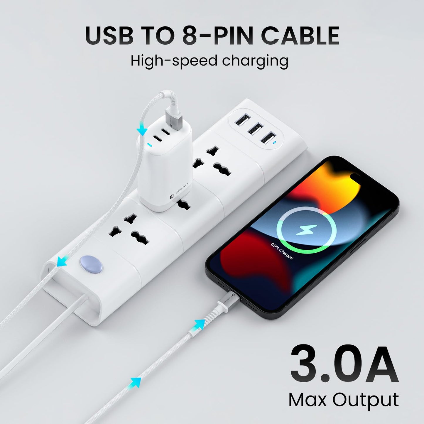 Portronics Konnect X USB to 8 Pin Cable with 3A Output, Fast Charging & Data Transfer, Nylon Braided, Aluminium Alloy Shell, 1M Length compatible with 8 PIN Devices(White)