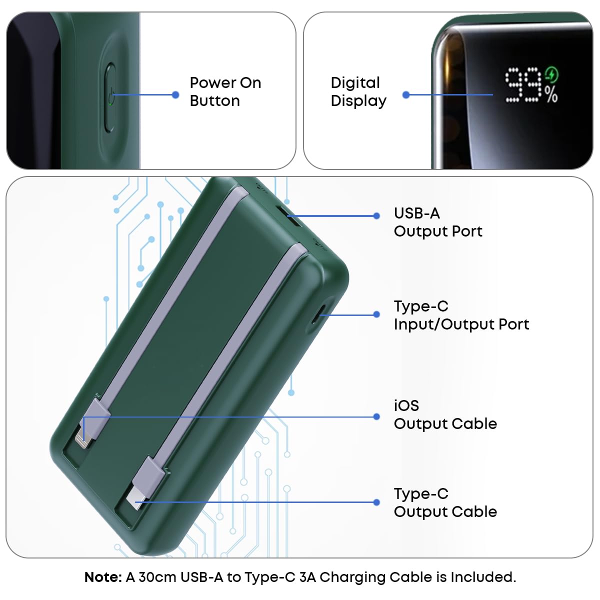 pTron Dynamo Power 20000mAh 22.5W Super Fast Charging Power Bank with Quick Charge & 20W Power Delivery, Built-in Charging Cables, 4 Outputs, Type-C Input/Output Port & LED Battery Display (Green)