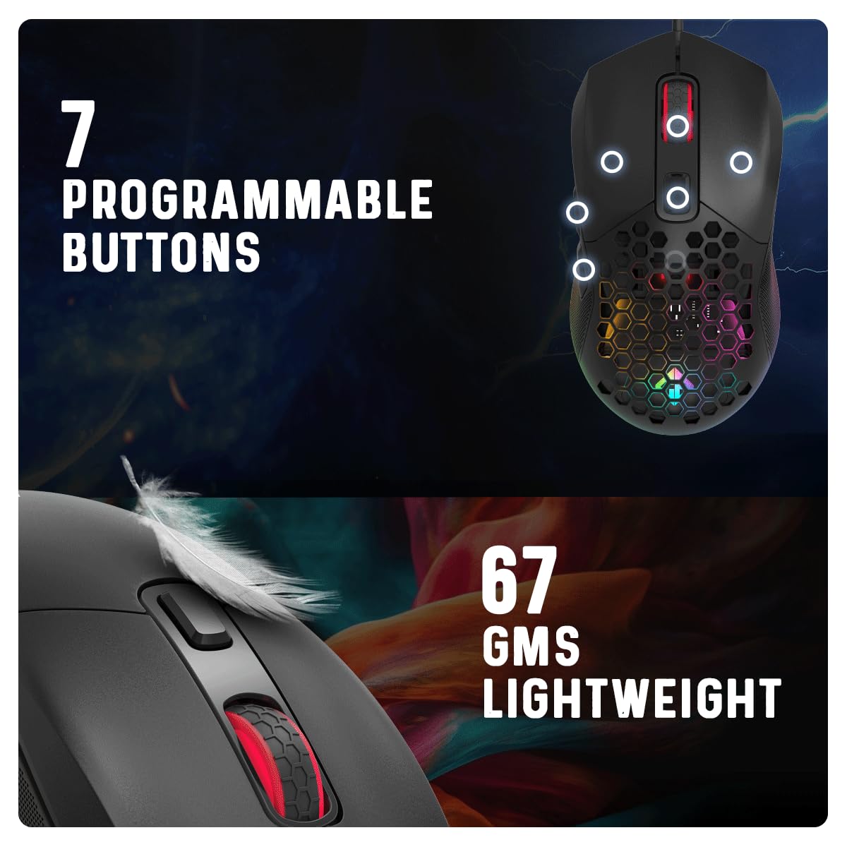 Cosmic Byte Firestorm RGB Wired Gaming Mouse, 67 Grams, 12400DPI, 1000Hz Polling, Pixart 3327 Sensor, 10M Switches, Paracord Cable, Software Support Upgraded PTFE Feet (Black)