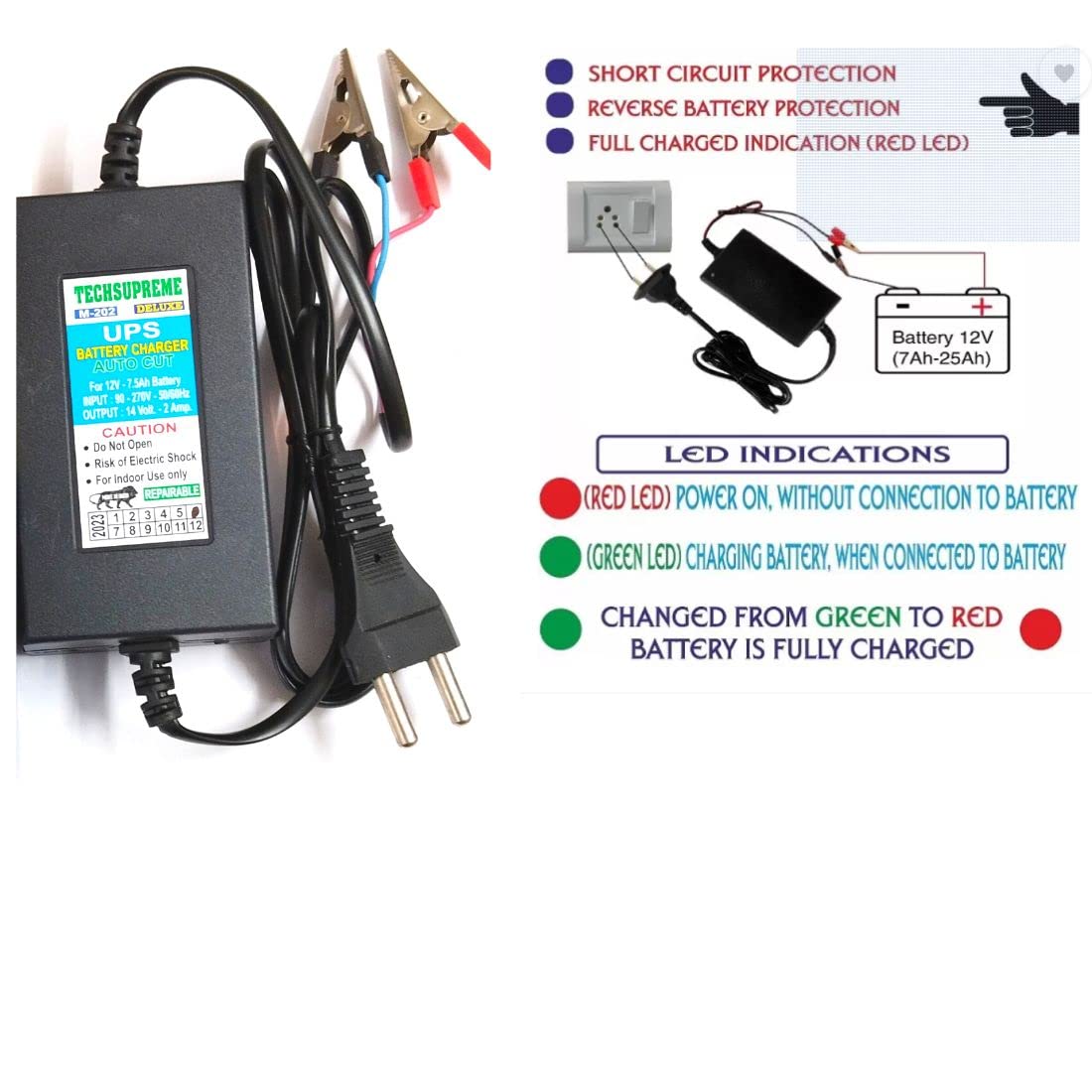 TechSupreme SMPS Battery Charger for Bike, UPS Clip Battery Charger Worldwide Adaptor12 Volt 7 amp Battery Charger