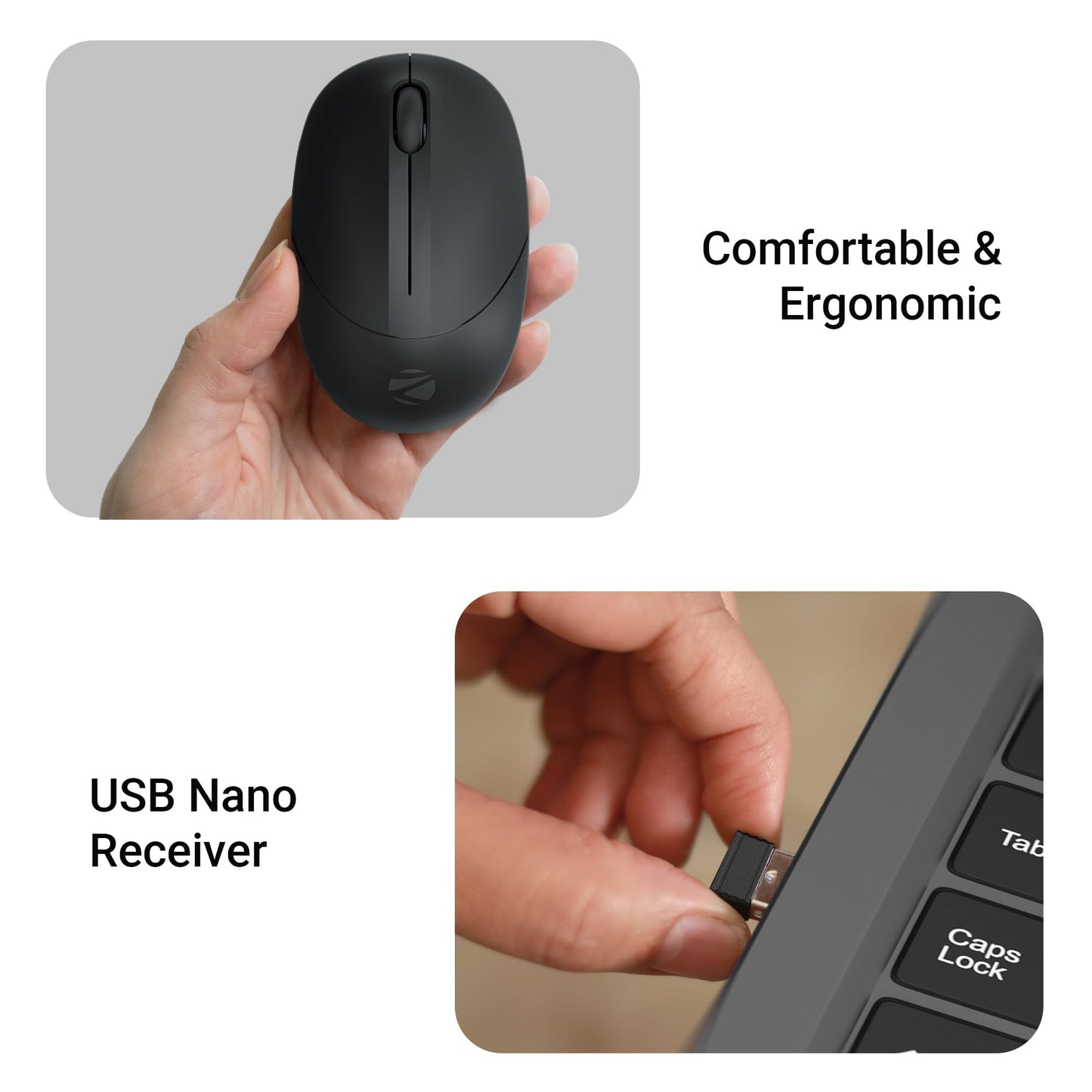 ZEBRONICS Panther 2.4GHz Wireless Mouse, 1600 DPI, Silent Operation, High Precision, 3 Buttons, Power Saving Mode, Comfortable & Ergonomic Design, for Mac | Laptop | Computer (Black)