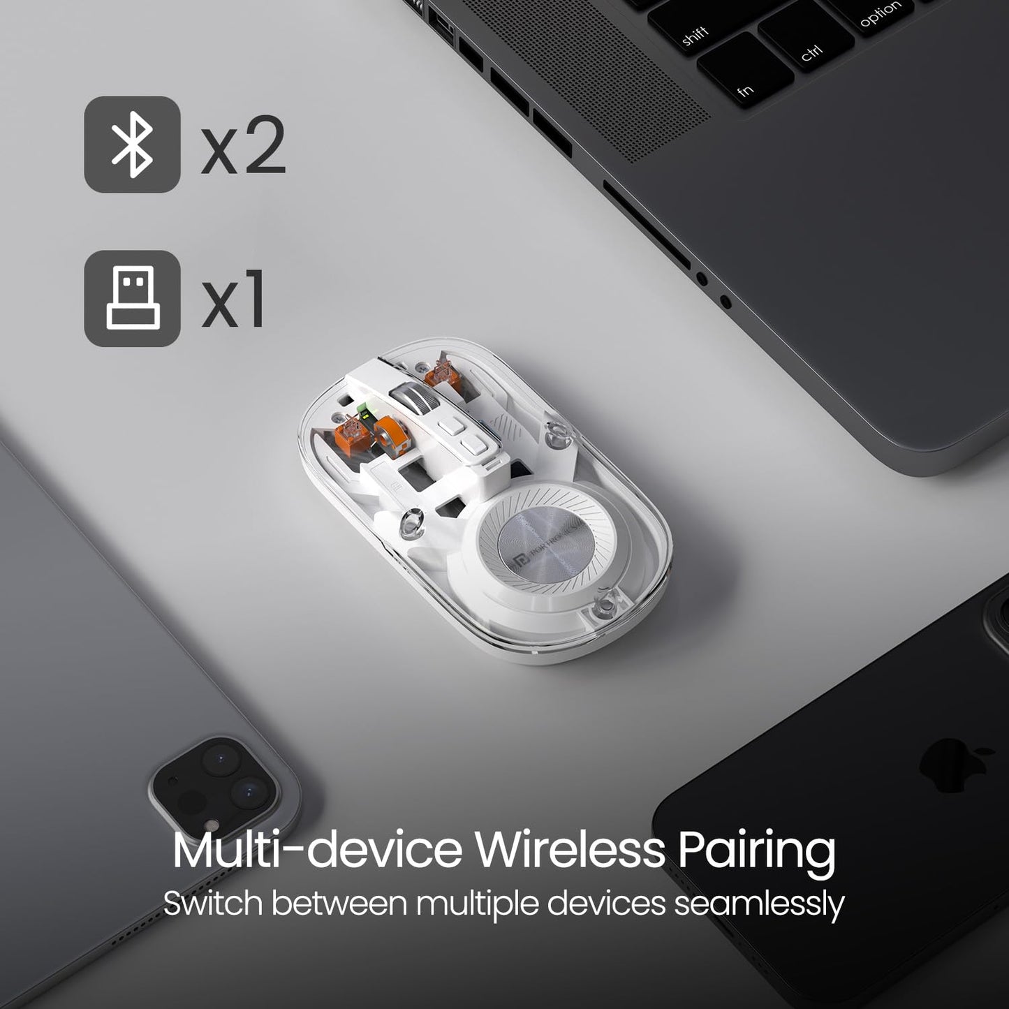 Portronics Toad 8 Transparent Wireless Bluetooth Mouse with Dual Wireless (BT + 2.4 GHz), Rechargeable Battery, Noise-Free Clicking, Show/Hide Desktop, Multi-Device Pair, Adjust Sensitivity (White)