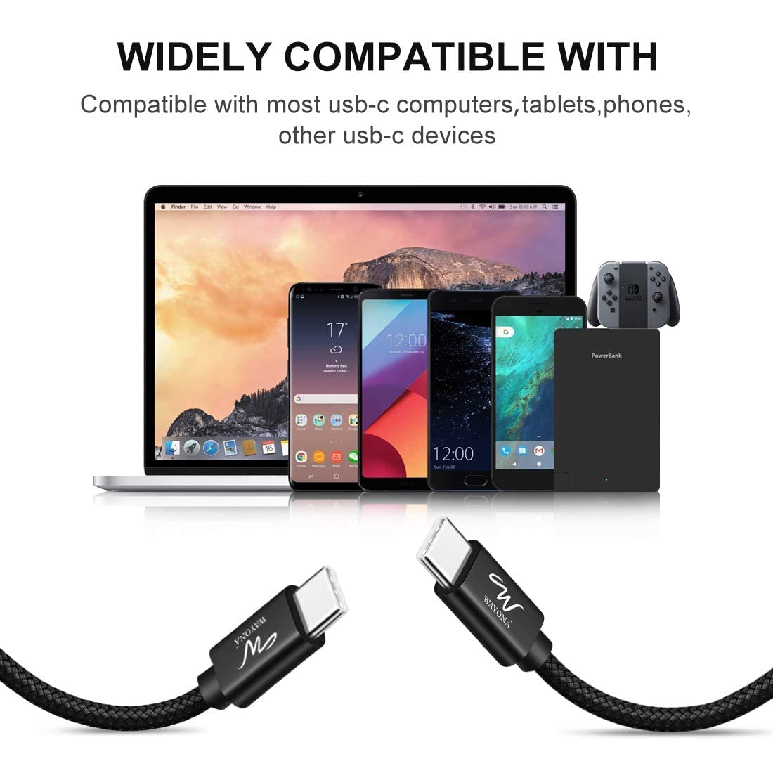 Wayona USB C to USB C 65W 6FT/2M Long Fast Charging Cable Compatible with iPhone 16,iPhone 15 Series,Samsung S24,S24 Ultra,Fold,Flip,OnePlus,Nothing Phone 2,Laptops & Macbook (2M, Black)