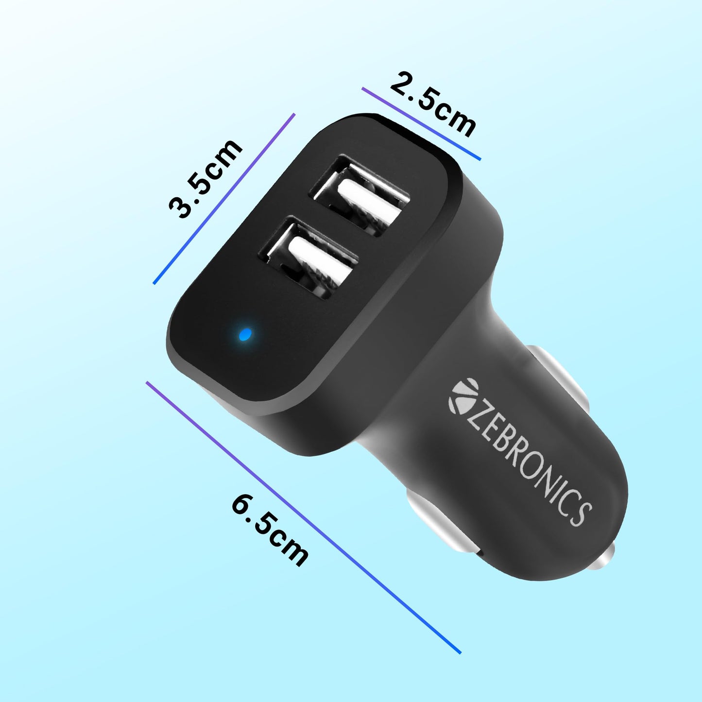 Zebronics Cc242A3 Car Charger with 10.5 Watts, Dual USB Ports, Compact Design, Built in Protections, Led Indicator, Included USB - Type-C Cable - Cellular Phones, Black