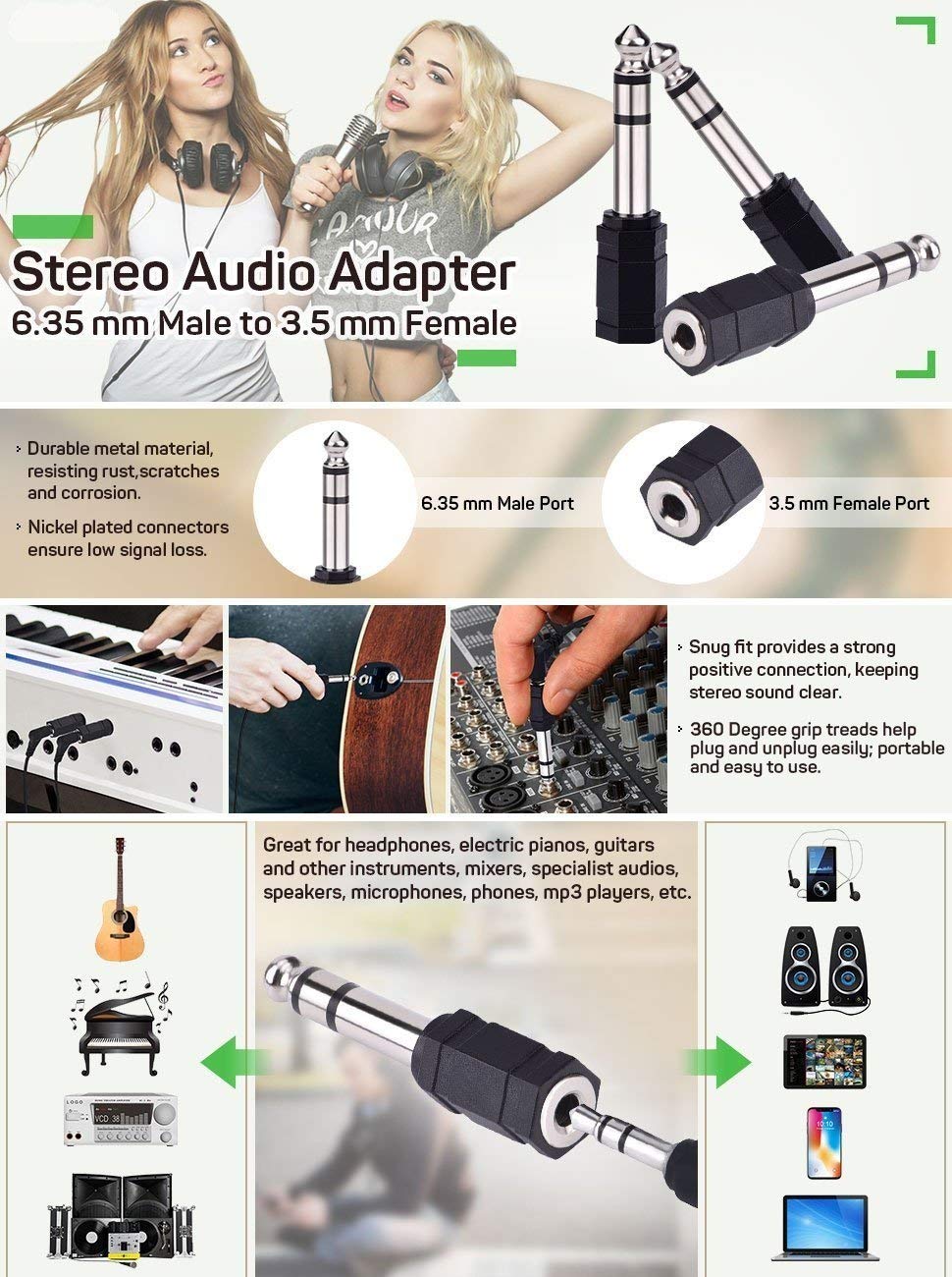 NEXT GEEK 3.5mm Female to 6.5mm Male Headphone Audio Stereo Auxiliary Adapter Plug Converter Jack for Electric Guitar, Amplifier, Piano, Keyboard, etc