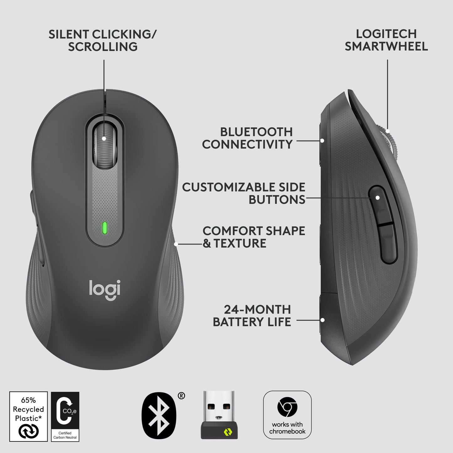 Logitech Signature M650 L Full Size Wireless Mouse - for Large Sized Hands, 2-Year Battery, Silent Clicks, Customisable Side Buttons, Bluetooth, for PC/Mac/Multi-Device/Chromebook - Graphite