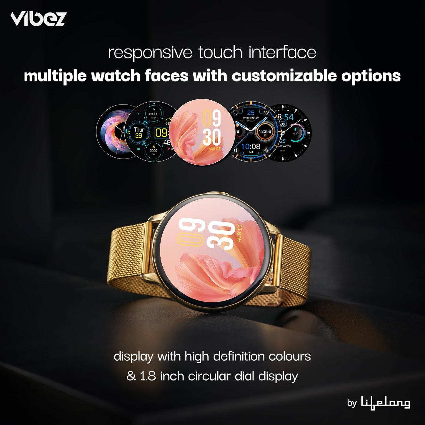 Vibez by Lifelong Premium Luxury Smartwatch for Women with Metal Strap & HD Display, BT Calling, Multiple Watch Faces, Health Tracker, Sports Modes & Free Silicone Strap Smart Watch (Emerald, Gold)