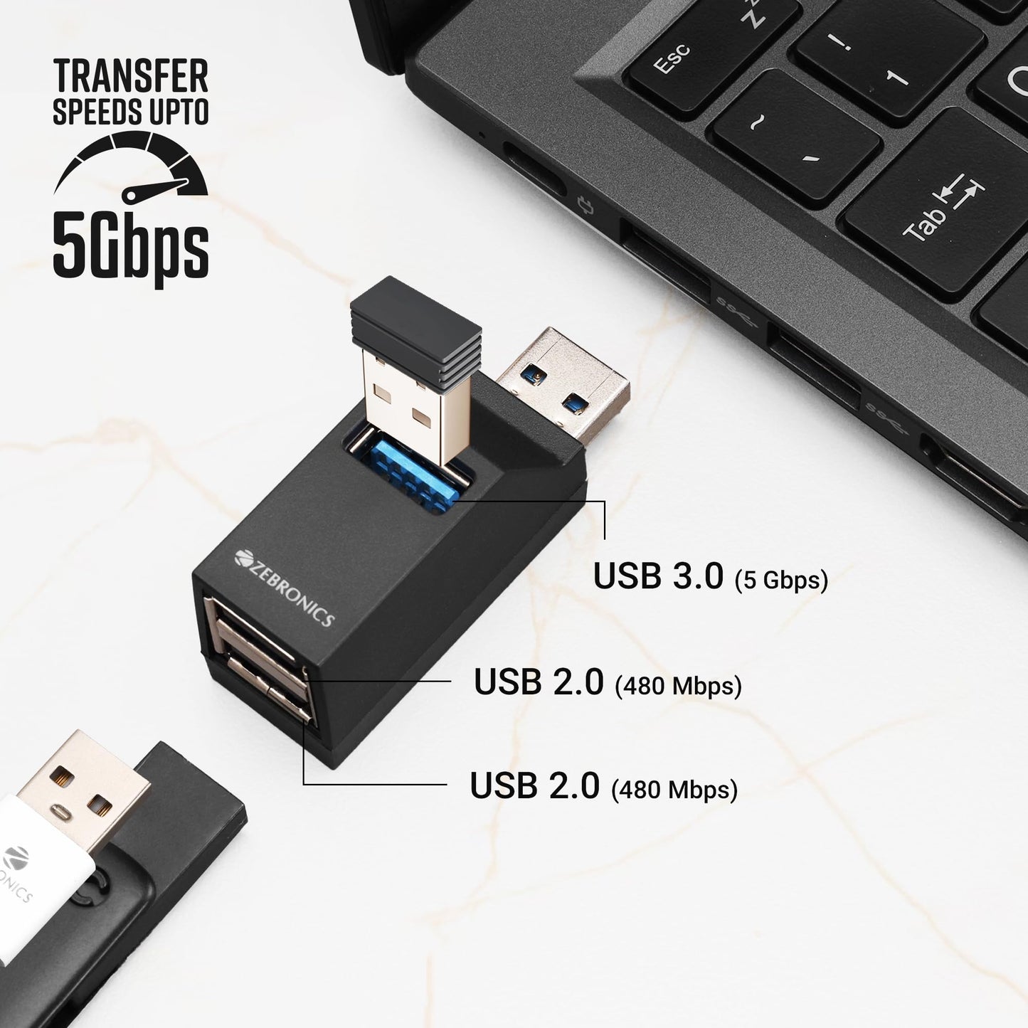 ZEBRONICS 180HB USB HUB, 3 Ports, USB 3.0, Transfer Speeds Upto 5 Gbps, Lightweight Design, Multi OS Compatible, Plug and Play