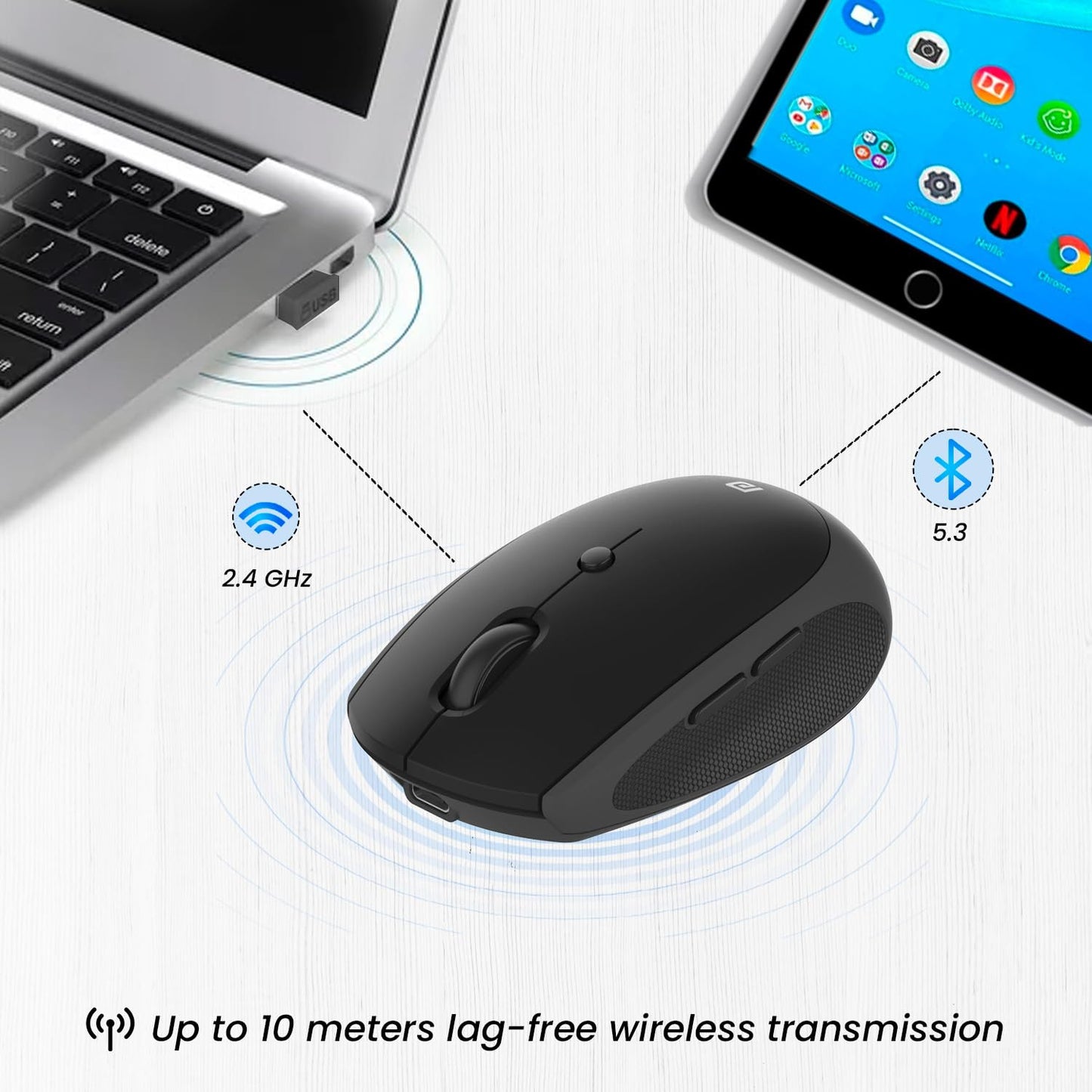 Portronics Toad III Wireless Mouse with Bluetooth & 2.4 GHz Dual Connectivity, Rechargeable, 6 Buttons, Adjustable DPI, Silicon Grip & Ergonomic Design for PC, Laptop, Mac (Black)