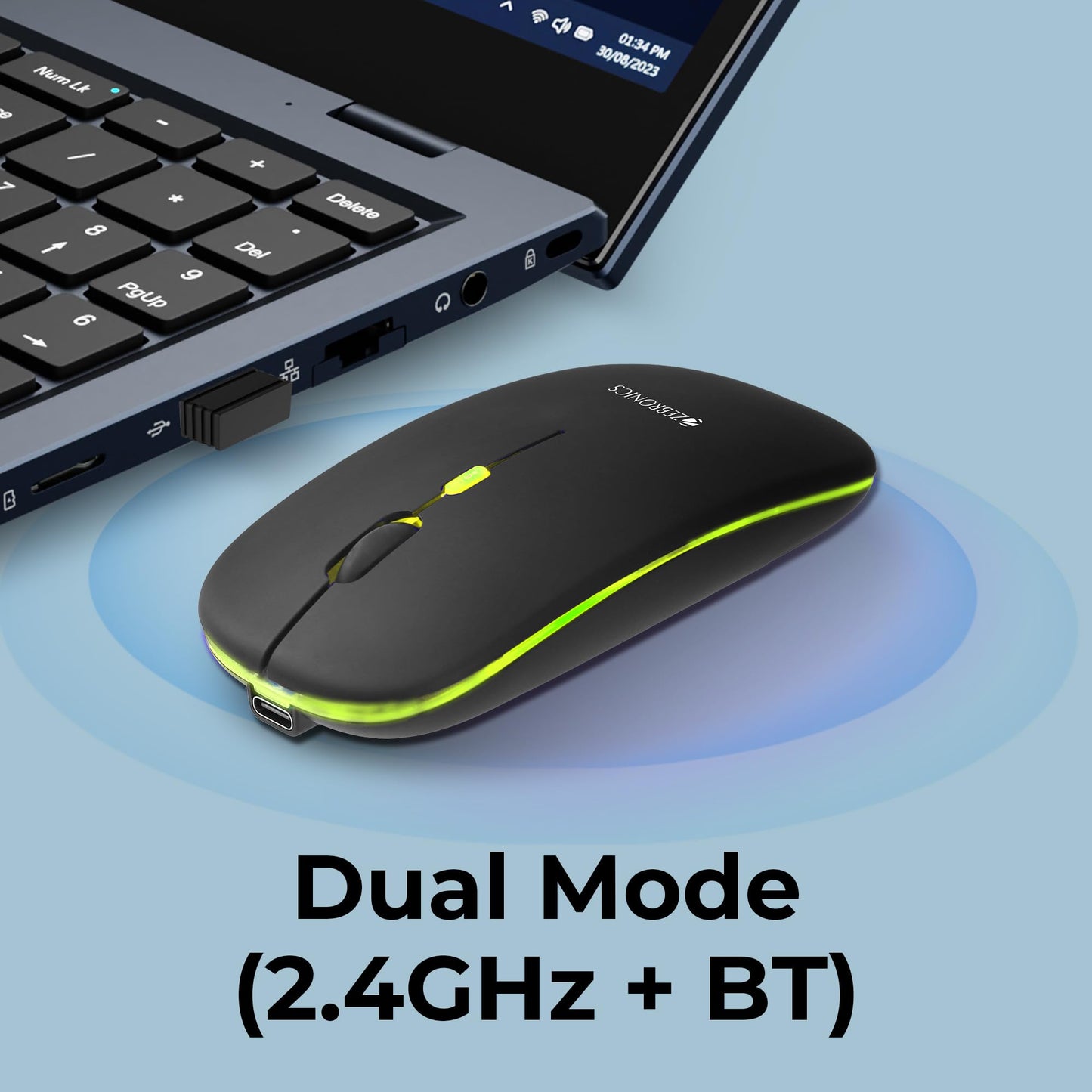 ZEBRONICS Newly Launched Blanc Slim Wireless Mouse with Rechargeable Battery, BT + 2.4GHz, 4 Buttons, 800/1200/1600 DPI, Silent Operation, Multicolor LED Lights