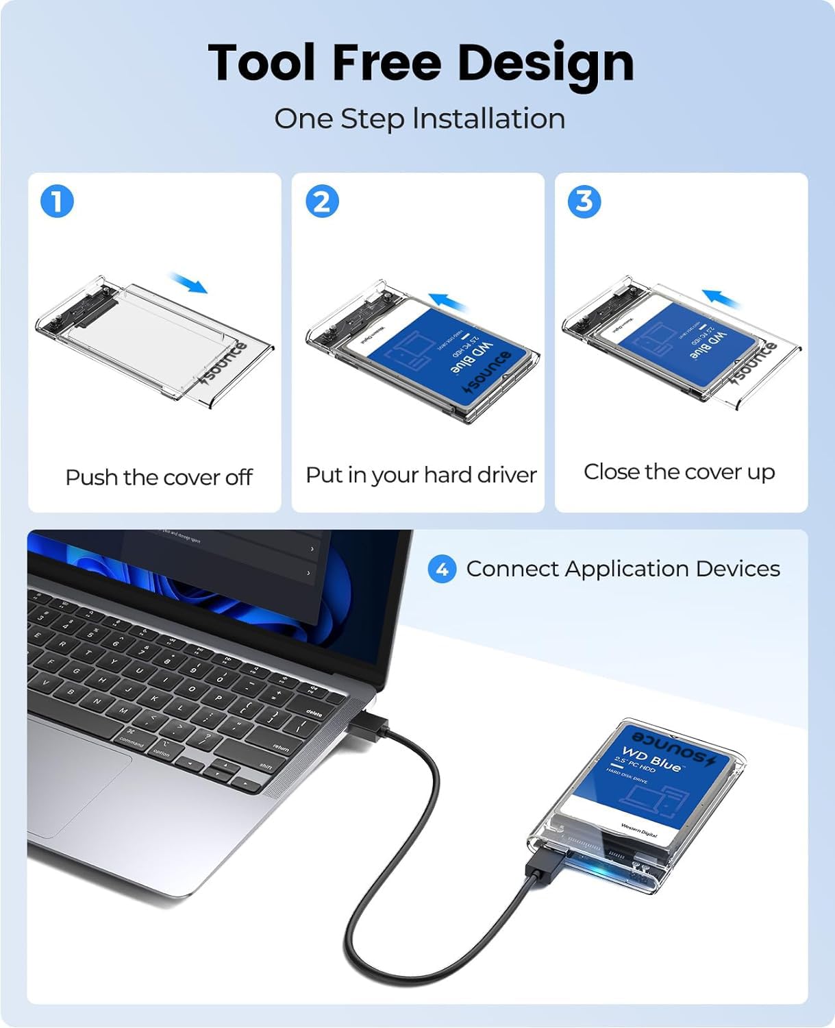 Sounce 2.5" SATA SSD Enclosure Transparent Case, USB 3.0 to SATA Tool-Free External Hard Disk Case with Fast Transfer Speed Up to 5 Gbps & Up to 4TB Storage Capacity Compatible with 2.5 SATA SSD / HDD