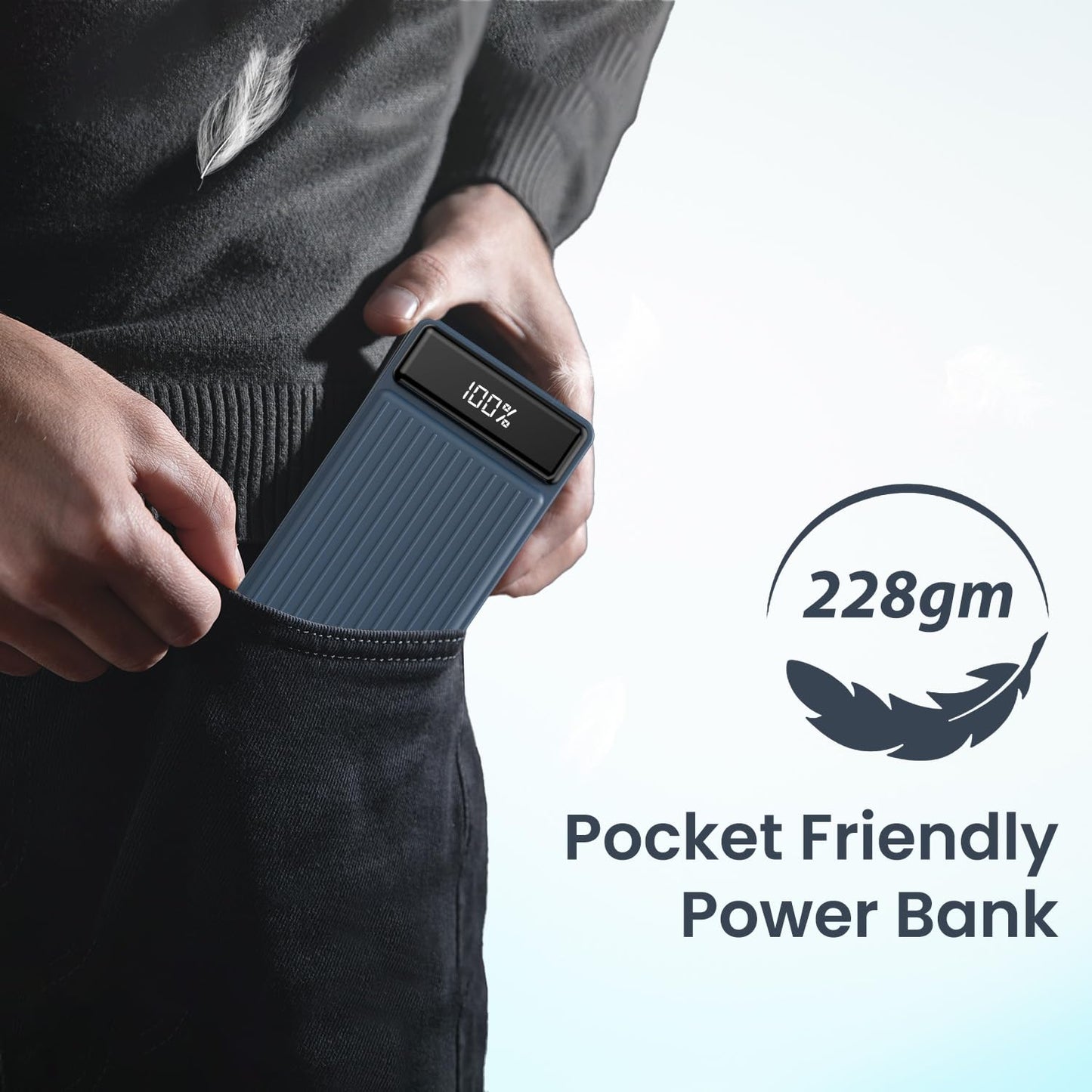 Portronics Luxcell B 10K 10000 mAh 22.5W Fast Charging Power Bank, Ultra Slim Power Bank with Mach USB-A Output, Type C PD Output, Type C Input, Wake Up Button(Dark Blue)