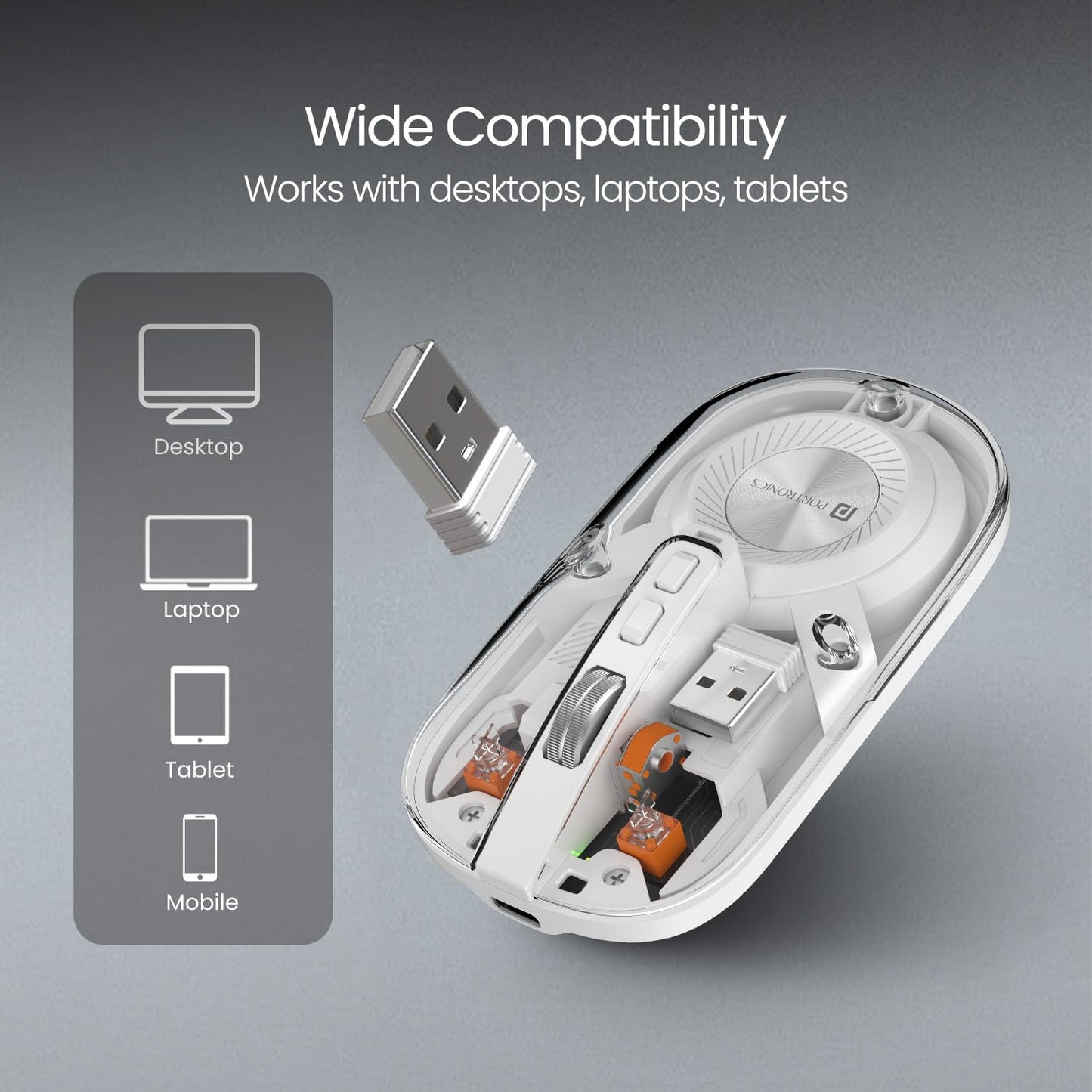 Portronics Toad 8 Transparent Wireless Bluetooth Mouse with Dual Wireless (BT + 2.4 GHz), Rechargeable Battery, Noise-Free Clicking, Show/Hide Desktop, Multi-Device Pair, Adjust Sensitivity (White)