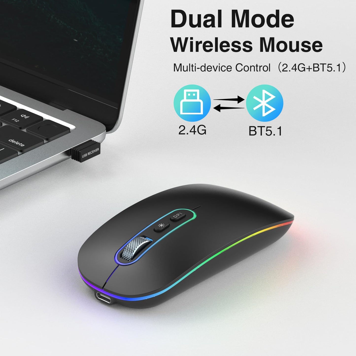 cimetech Dual Mode (BT 5.1+2.4G) Wireless Mouse, Rechargeable Portable Lightweight Mouse for Laptop with LED Lights, Compatible with Laptop/PC/Mac OS/Windows/Chrome OS - Black