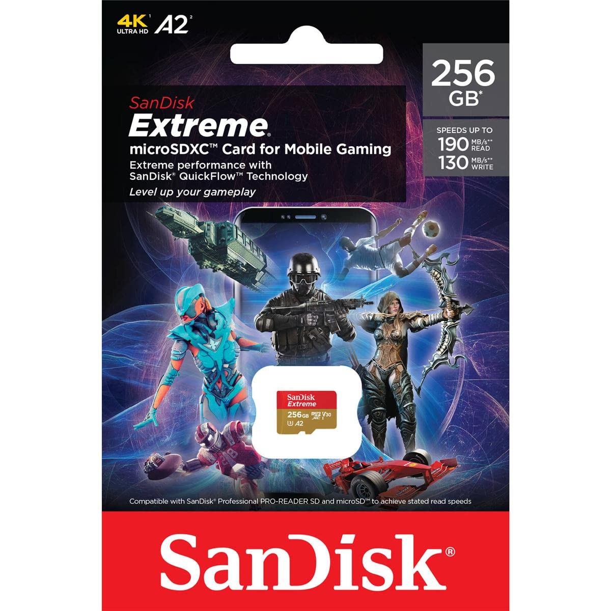 SanDisk Extreme microSD UHS I 256GB Card for Gaming, A2 Certification for Faster Game Loads, 190MB/s Read, 130MB/s Write