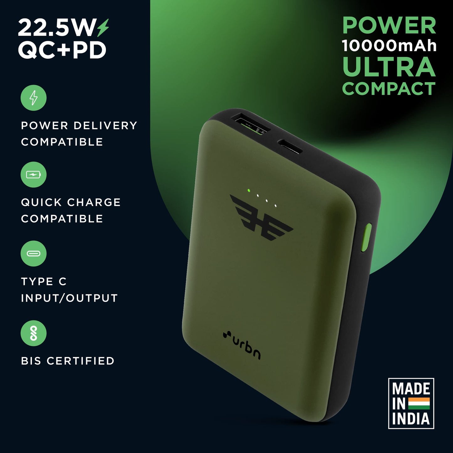 URBN 10000 mAh Ultra Compact 22.5W Super Fast Charging Pocket Power Bank with Quick Charge & Power Delivery, Type C Input/Output, Made in India, Type C Cable Included (Camo)