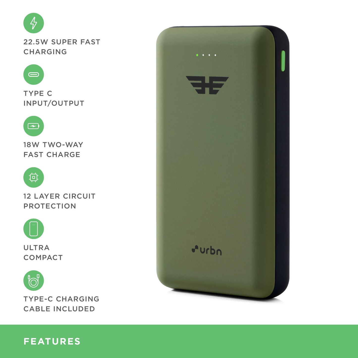 URBN 20000 mAh Lithium_Polymer 22.5W Super Fast Charging Ultra Compact Power Bank with Quick Charge & Power Delivery, Type C Input/Output, Made in India, Type C Cable Included (Camo)