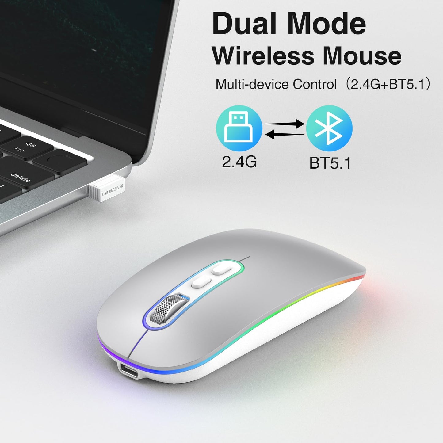 cimetech Dual Mode (BT 5.1+2.4G) Wireless Mouse, Rechargeable Portable Lightweight Mouse for Laptop with LED Lights, Compatible with Laptop/PC/Mac OS/Windows/Chrome OS - Silver