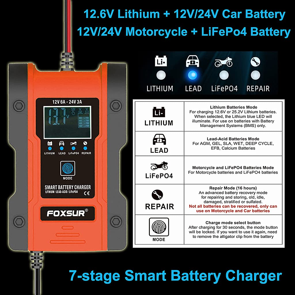 Verilux® Car Battery Charger, 6A 12V / 3A 24V Intelligent Automatic Charger, 7-Segment Charging 12V/24V Battery Charger, Repair, Test, Suitable for Automotive, Motorcycles