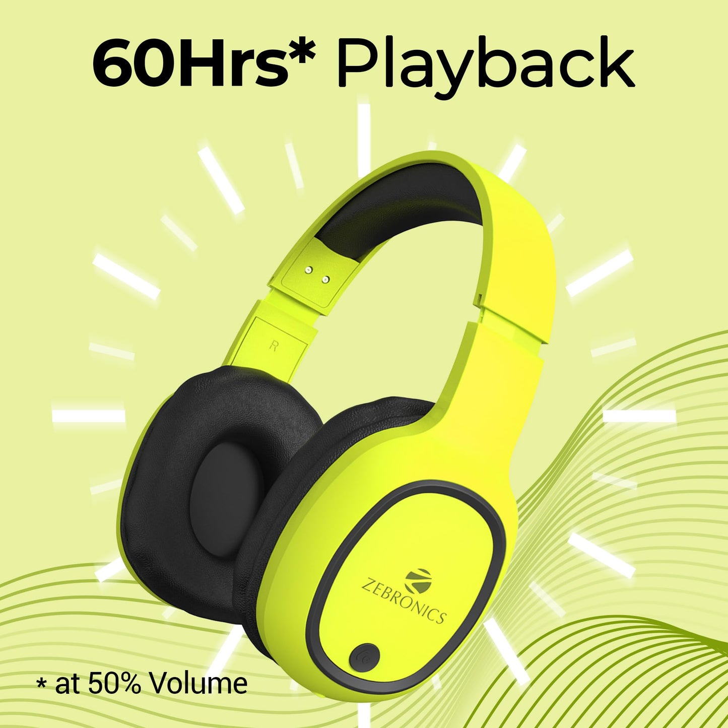 ZEBRONICS Thunder Bluetooth Wireless On Ear Headphone FM, mSD, 60hrs Playback with Mic (Neon Yellow)